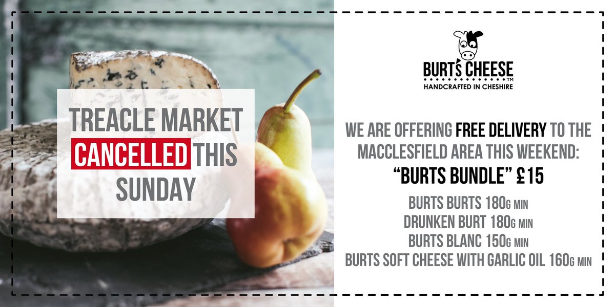 Claire Burt (@burtscheese) on Twitter photo With <a href="/treaclemarket/">Treacle Market</a> sadly cancelled this month we are offering free delivery to the Macclesfield area this weekend.
For more details please contact orders@burtscheese.com With <a href="/treaclemarket/">Treacle Market</a> sadly cancelled this month we are offering free delivery to the Macclesfield area this weekend.
For more details please contact orders@burtscheese.com