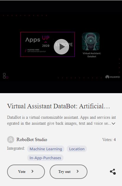 DatabotApp's tweet image. Hello everyone! We&apos;re proud to share with you that DataBot is now finalist in the Huawai HMS App Innovation contest!!
We ask your help to support us by voting for the app! 
You can vote here: 
developer.huawei.com/consumer/en/ac…
#AppsUp2020 #HMSInnovateforAll #AppGallery #DataBot