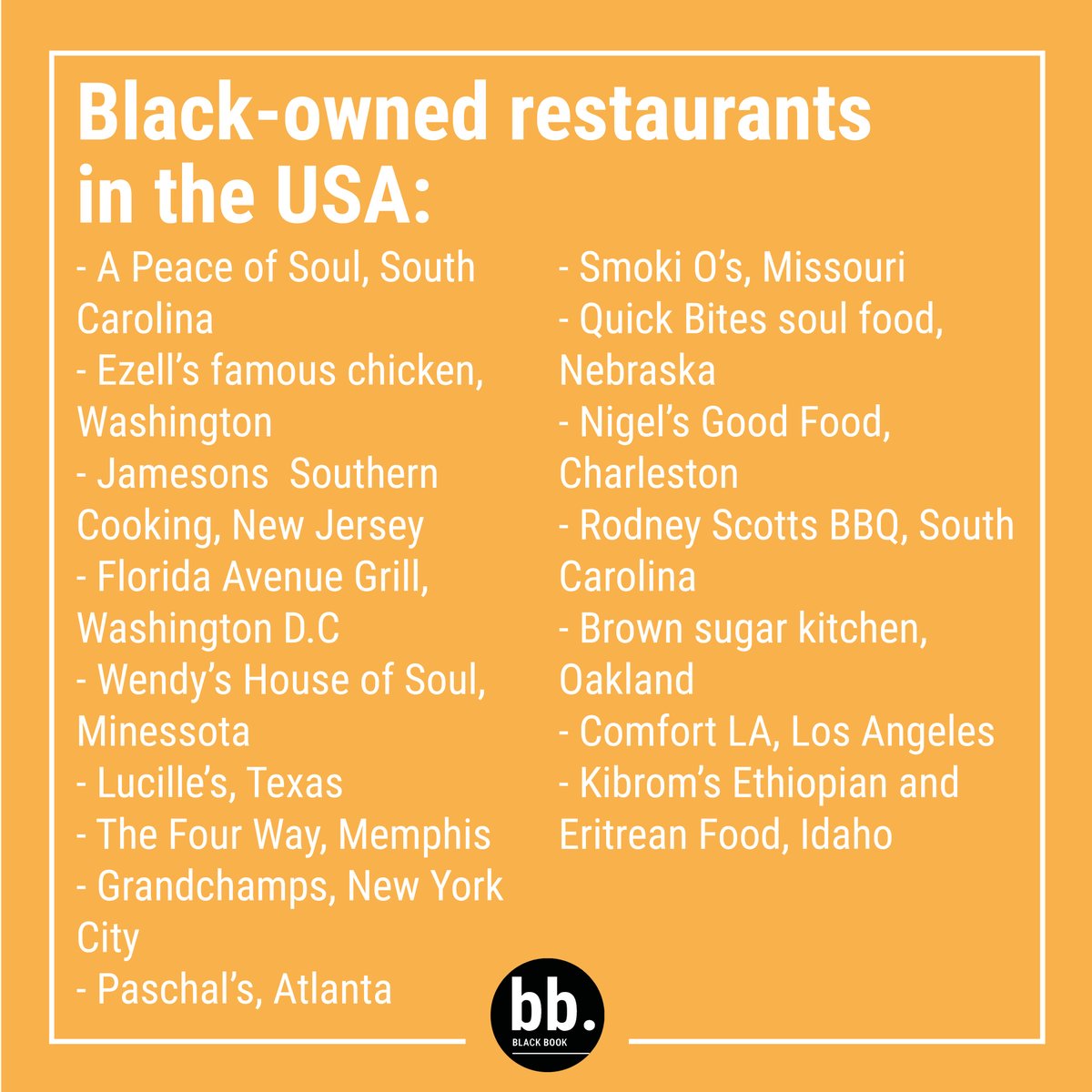 As a platform aiming to be a global representation of #black and non-white people, we want to give voice to all the amazing #BAME talent working within #hospitality. Today, we want to share some amazing #BlackOwned restaurants in USA. Mention below any other of your favourites!