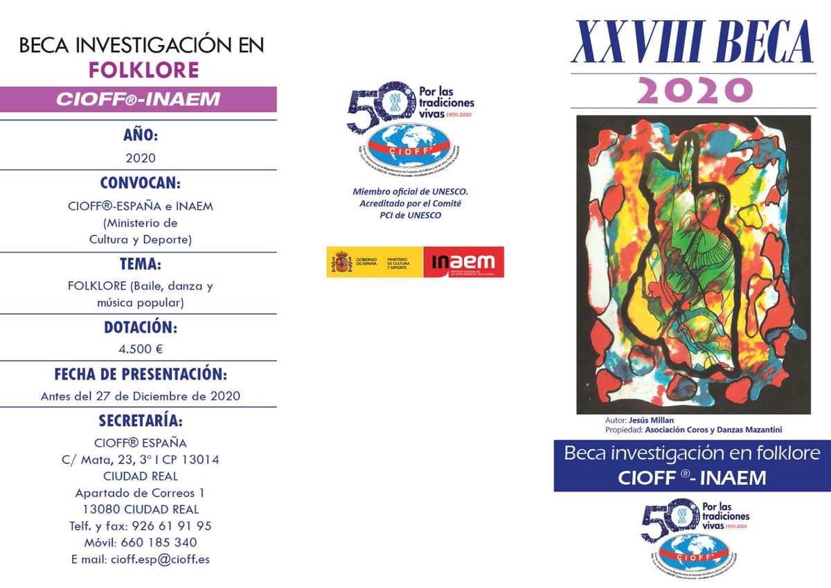 INAEM_Cultura's tweet photo. ¡Todavía puedes solicitar la beca del #INAEM y @Cioff_Esp para investigadores del folklore! Dotada con 4.500€, este año está dedicada al tema "baile, danza y música popular (canción e instrumentos musicales)".
¡Tienes hasta el 27 de diciembre!🤗
+Info👇
https://t.co/4x3tL08vr9 https://t.co/TH2PlNDjAj