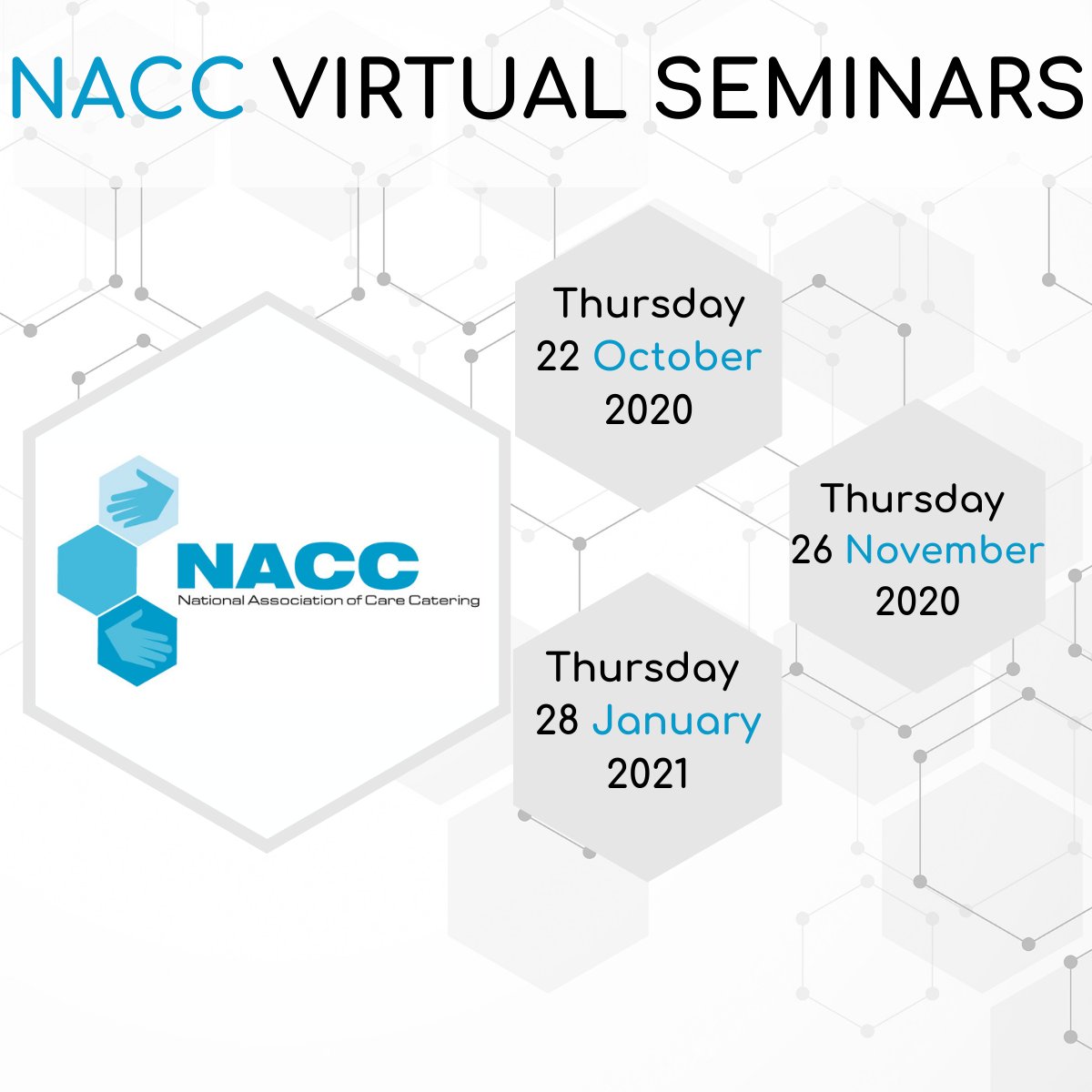The National Association of Care Catering (NACC) is hosting a series of virtual seminars to support its members and the care catering sector as they continue to navigate the challenges presented by the Covid-19 pandemic. ow.ly/uQpf50BYtZ9