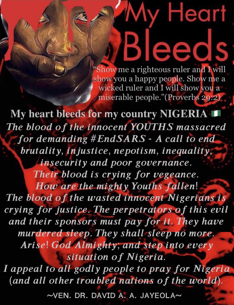 VenDavidJayeola's tweet photo. My heart bleed for Nigeria.
#EndSars
#EndSarsNowNow 
#endsarslekki 
#NigerianLivesMatter https://t.co/XZcc14Q1yG