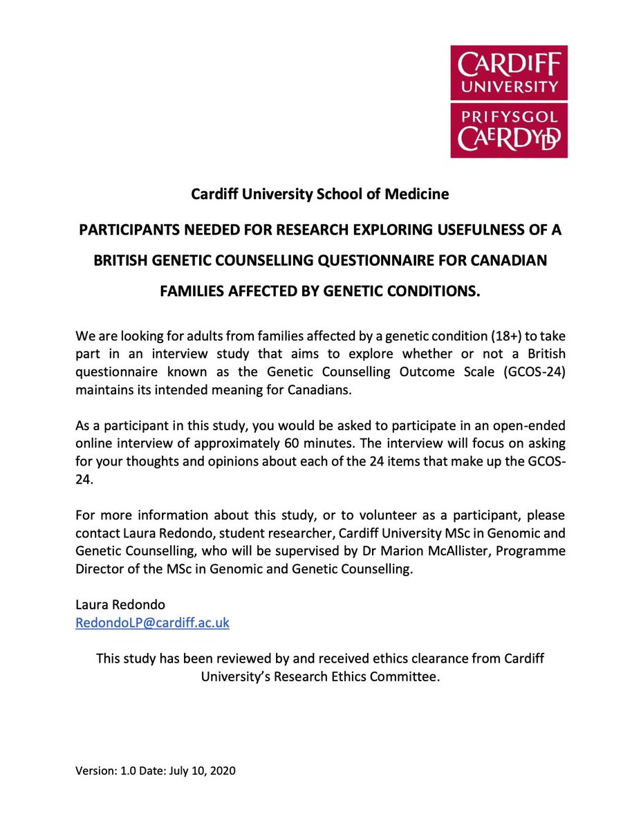 raredisorders's tweet photo. PARTICIPANTS NEEDED FOR RESEARCH EXPLORING USEFULNESS OF A BRITISH GENETIC COUNSELLING QUESTIONNAIRE FOR CANADIAN FAMILIES AFFECTED BY GENETIC CONDITIONS. For more info about this study, or to volunteer as a participant, please contact Laura Redondo (RedondoLP@cardiff.ac.uk) https://t.co/8lmg88rwZY