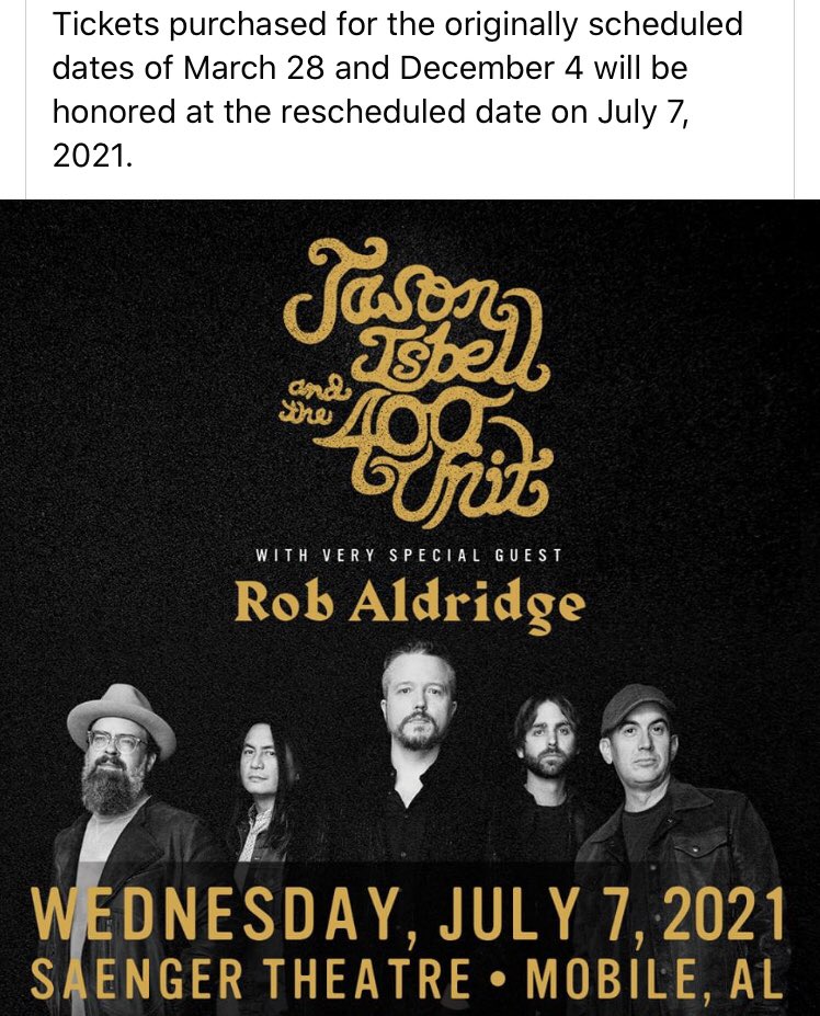 92ZEW's tweet photo. The @JasonIsbell show postponed from March @mobilesaenger has now been pushed further back to next July 7th! https://t.co/GF0r6BjjIV