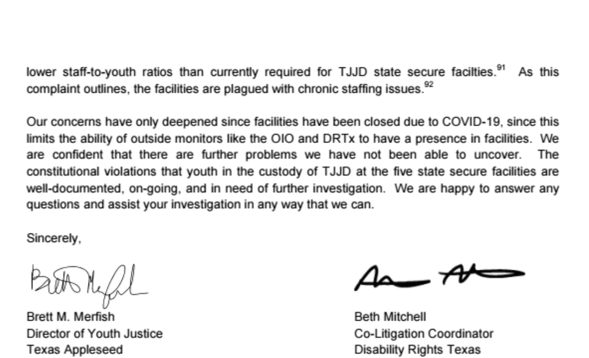  #BREAKING Today  @DisRightsTx and  @TexasAppleseed are filing complaint with the DOJ about Texas juvenile prisons. In 23 pages, they provide data, links and citations outlining the years of chaos and violence in TJJD. They’re requesting an investigation.  https://www.documentcloud.org/documents/7273838-DOJ-FINAL-COMPLAINT.html