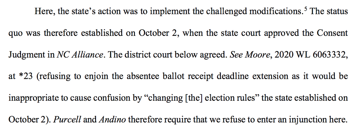 4th Cir: defer to state Board of Elections on the extension of the North Carolina ballot receipt deadline. (Deferring sometimes can be GOOD for voting rights when state actors are more expansive to right to vote!) 16/ https://assets.documentcloud.org/documents/7273830/10-20-20-Wise-v-Circosta-4th-Circuit.pdf