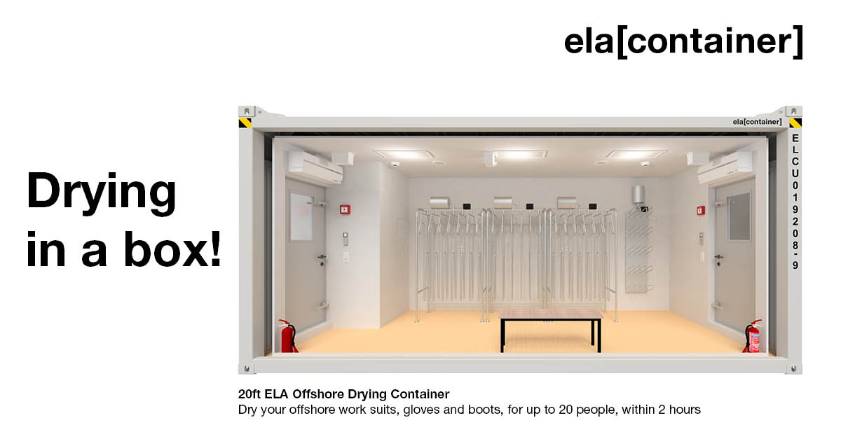 ELAOffshore's tweet photo. Say goodbye to your wet Offshore PPE! Please forward your requests for the ELA Offshore Drying Container via our website https://t.co/siz4ks0c9N, or contact our sales office directly by email (info@ela-offshore.com) or phone (+49 5932 7323-500). #offshore #offshorewind https://t.co/IThCiGyZIq