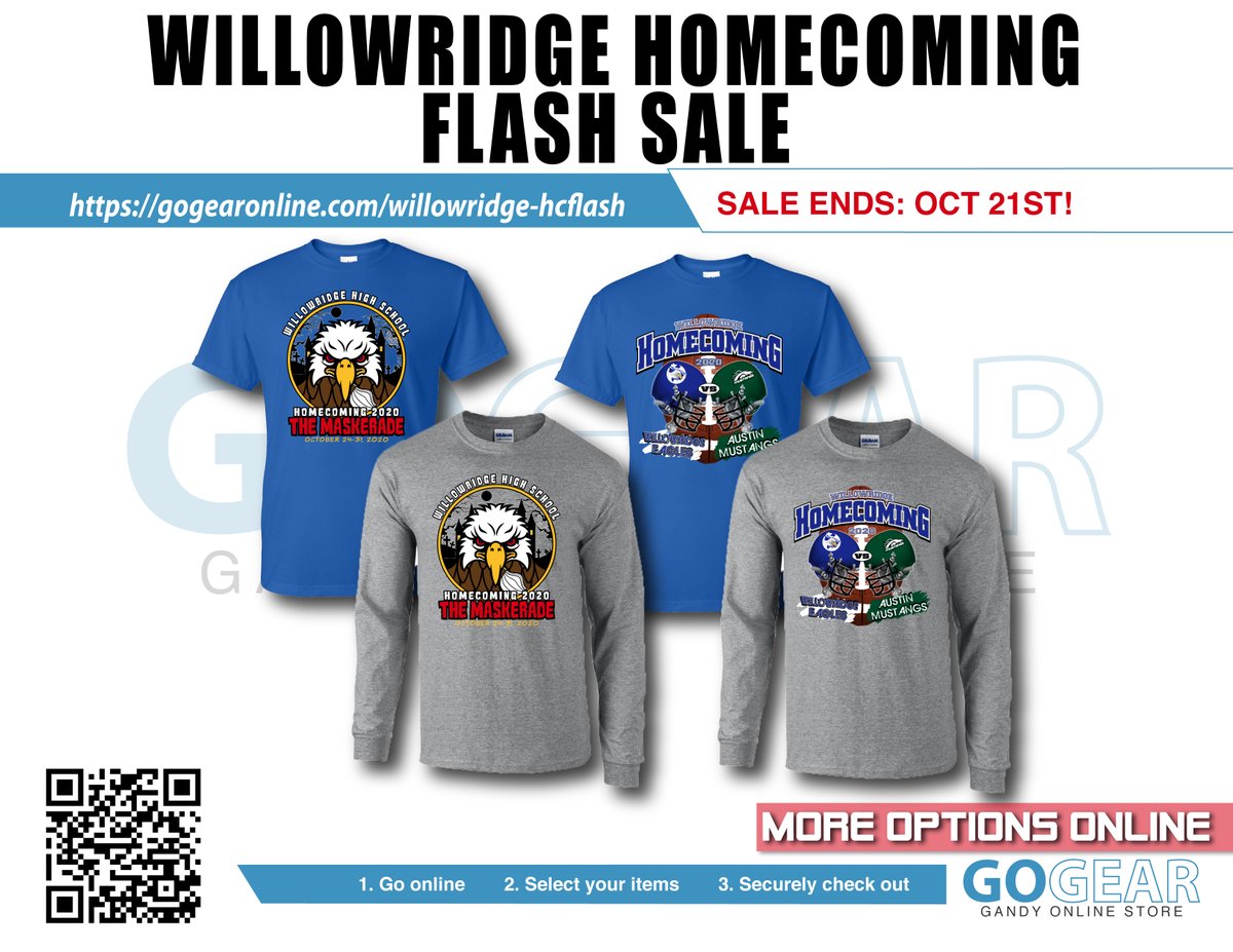 CoWillowridge's tweet photo. We are a few days away to the start of Homecoming. To commemorate this Homecoming season there are 2 shirt designs available for sale; Homecoming Week and Game day. THIS IS A FLASH SALE AND ORDERS WILL END AT 11:59 PM TONIGHT. 
STORE LINK:
https://t.co/hNNECfES3z https://t.co/AxmtxxaIQy