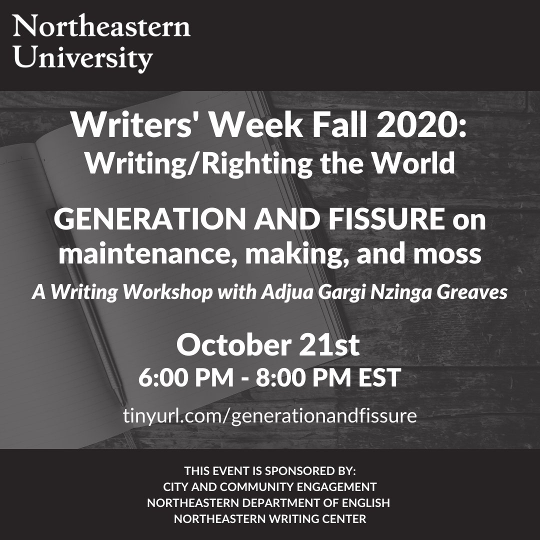 nuengaged's tweet photo. Did you catch Adjua's performance last night in celebration of National Day on Writing? Join Adjua's writing workshop, GENERATION and FISSURE on maintenance, making, and moss, today at 6 PM EST! Learn more and register at https://t.co/O3hsPafiBU https://t.co/lgzsdxVsXC