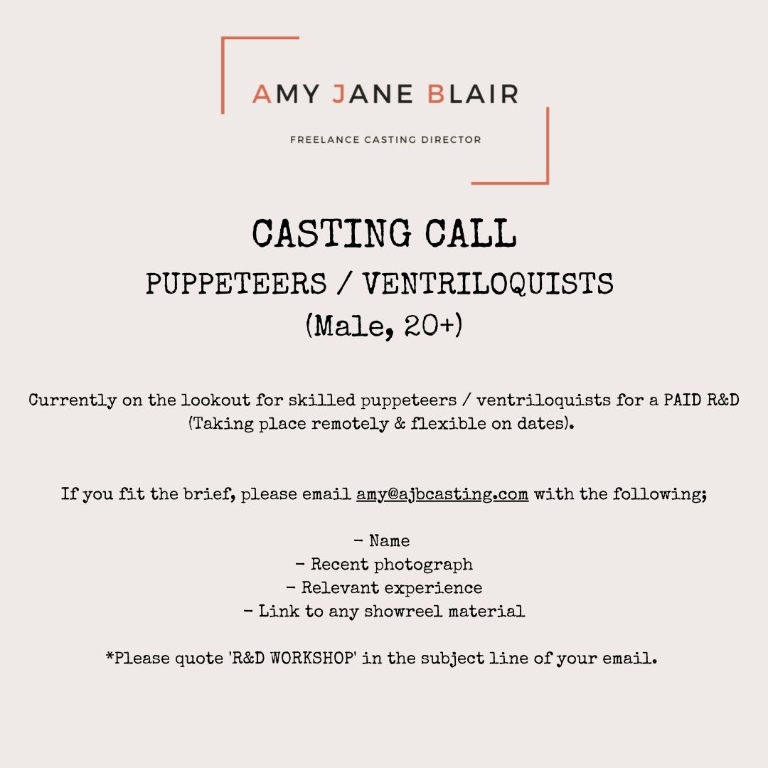 🚨 CASTING FOR A PAID R&amp;D 🚨

Puppeteers / Ventriloquists (Male, 20+), I'd love to hear from you! Please get in touch if you fit the brief or share with anyone who does!