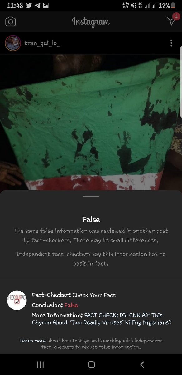 MarkMyW29399626's tweet photo. Instagram has obviously sided with nigerian governmeny or something is up... why are they calling it false news? #endsars #LekkiMassacre #AbujaProtest #aBetterNigeria #OpNigeria #EndPoliceBrutalityinNigeraNOW @davido @wizkid @TundeEddnut https://t.co/7EkiF11CpM