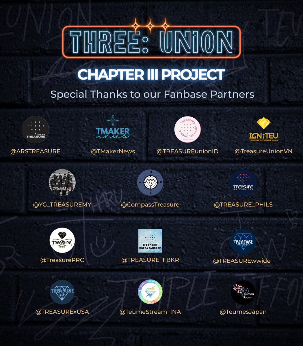 [] 𝐓𝐇𝐑𝐄𝐄: 𝐔𝐍𝐈𝐎𝐍ーFANBASE PARTNERS: @TREASURE_FBKR  @TeumesJapan  @TreasurePrc  @ARSTREASURE @TMakerNews @TREASUREunionID @TreasureUnionVN @YG_TREASUREMY @CompassTreasure @TREASURE_PHILS @TREASUREwwide_ @TREASURExUSA @TeumeStream_INA