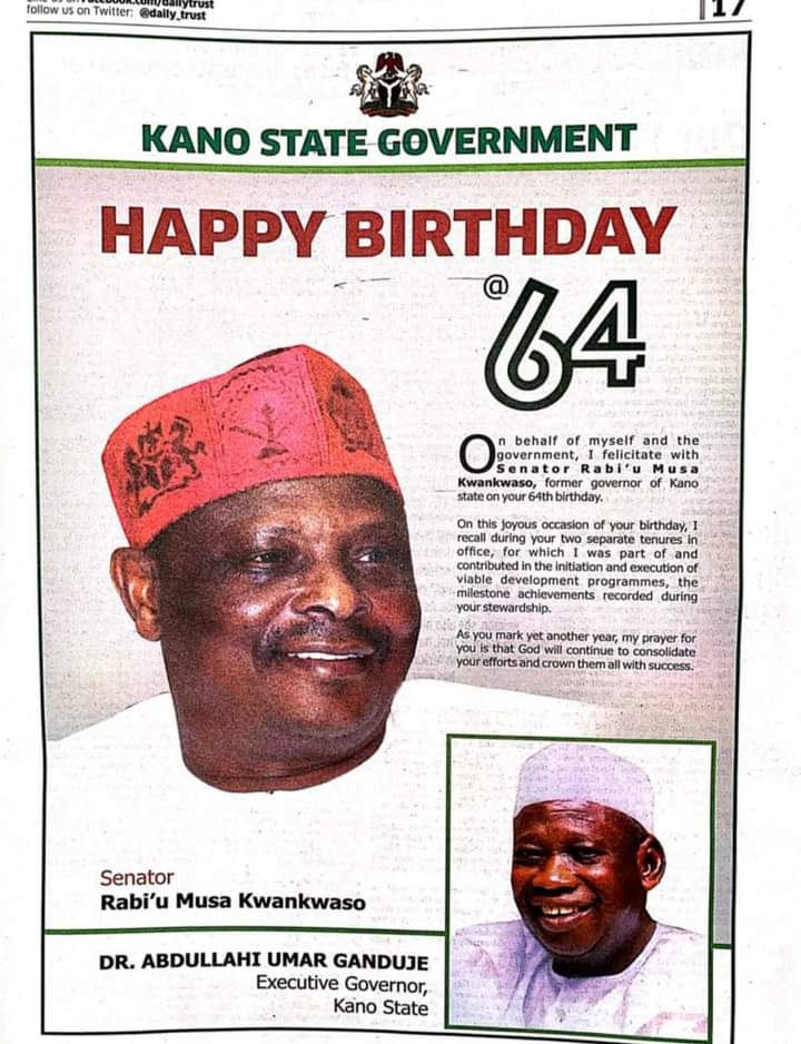 HonIdrisGarba's tweet photo. Happy birthday to the Former Governor of State Dr Rabiu Musa Kwankwaso on behalf of the Government and People's of Kano State. @GovUmarGanduje https://t.co/cBK0CQAwmO