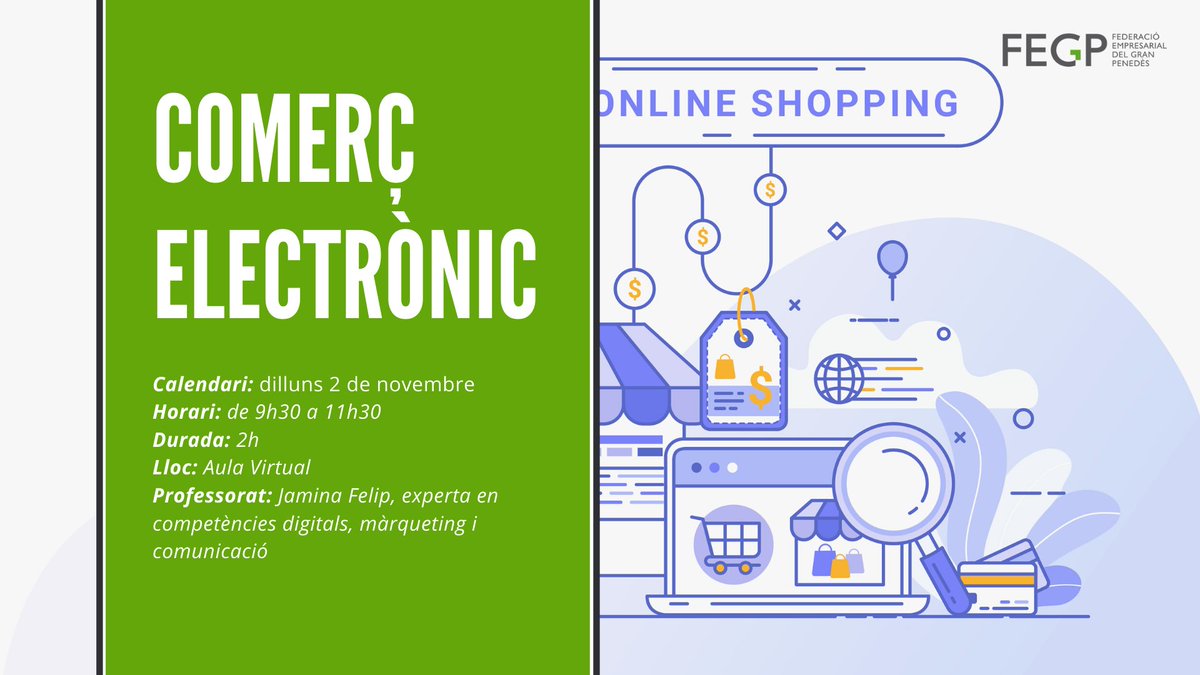 FEGP_Formacio's tweet photo. 💼 Curs de comerç electrònic! Plataformes disponibles i formats per vendre online, tipologies de negoci, vendre a través de les xarxes i molt més en aquest curs d'una única sessió dilluns 2 de novembre. Consulta tota la informació a: https://t.co/Q73RrV8Iek #formacio #empreses https://t.co/29tk6mmWba