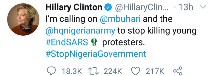 AfricaRepublic's tweet photo. The Woman who destroyed Libya and laughed as Benghazi burned thinks she has a right to intervene or Call Nigerian Army and President to order.
@HillaryClinton has no moral authority to comment on African Affairs.
Clinton on Gaddafi: We came,we saw he died.
#EndSARS
#EndFI https://t.co/owJYe7CiBw