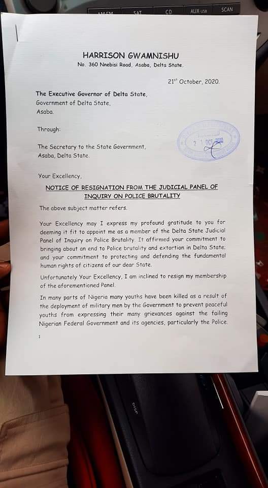 TosinOlugbenga's tweet photo. A member of the Delta State Judicial Inquiry just resigned due to #LekkitollgateMassacre #LekkiMassacre   

We still have people with integrity. 

#EndSARS https://t.co/1yQGrABkyA