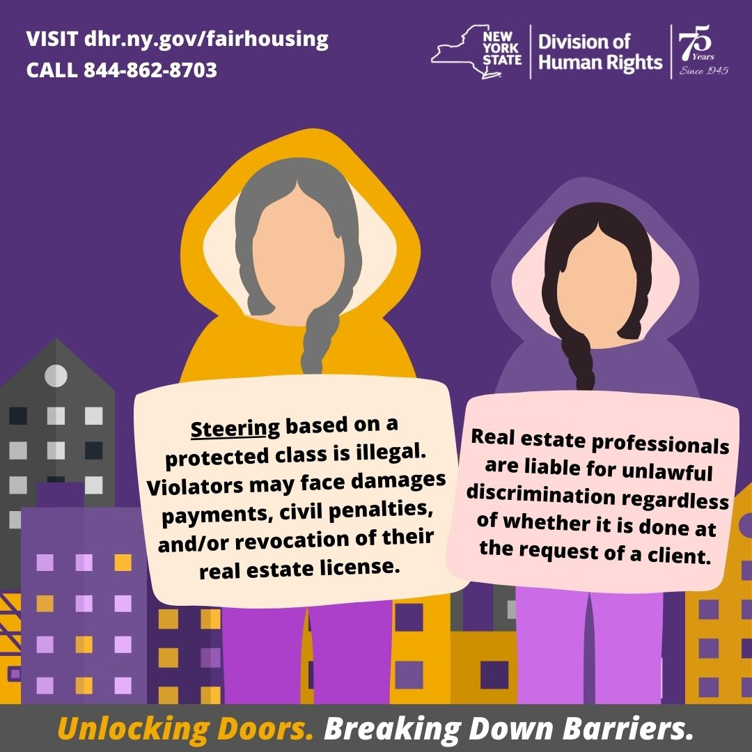 NYSHumanRights's tweet image. Regardless of their clients&apos; requests, real estate professionals found to have engaged in &quot;&quot;steering&quot;&quot; may face damages, civil penalties, and/or revocation of their license.

#fairhousingmattersny #unlockingdoors #breakingdownbarriers #NY4FairHousing

dhr.ny.gov/fairhousing