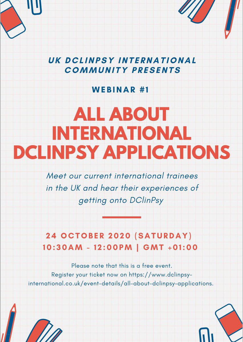 If you’re planning to apply for #DClinPsy in the UK, join us this Saturday (UKT) to find out more about the process and what it has been like for us #internationaltrainees 

📋check out the event on our website as stated: