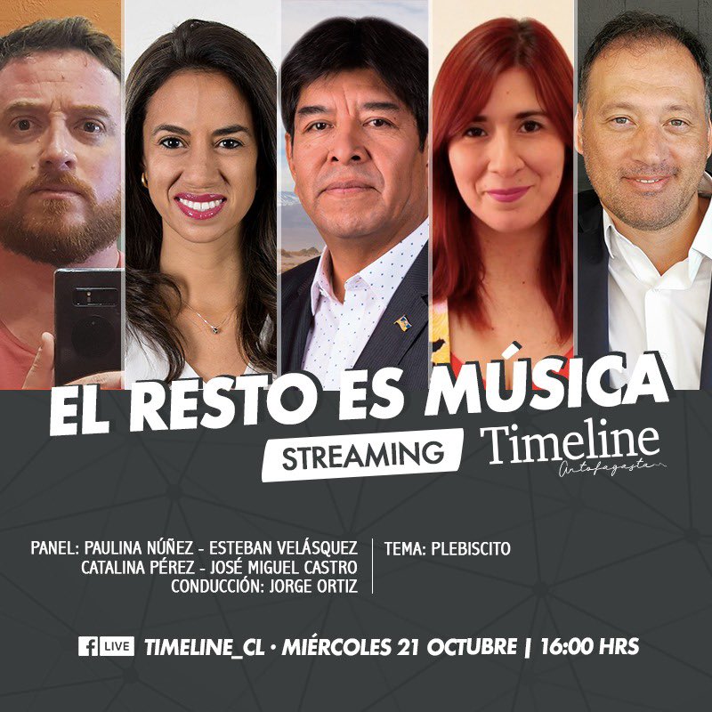 #ElRestoEsMúsica | #Antofagasta | Hoy a las 16 horas conversaremos sobre el plebiscito, sus alcances y proyecciones.
Panel: Diputada Paulina Núñez, Diputado Esteban Velásquez, Diputada Catalina Pérez y Diputado José Miguel Castro.
Streaming: https://t.co/ndtMxhDVVK https://t.co/gqXd097Yhl