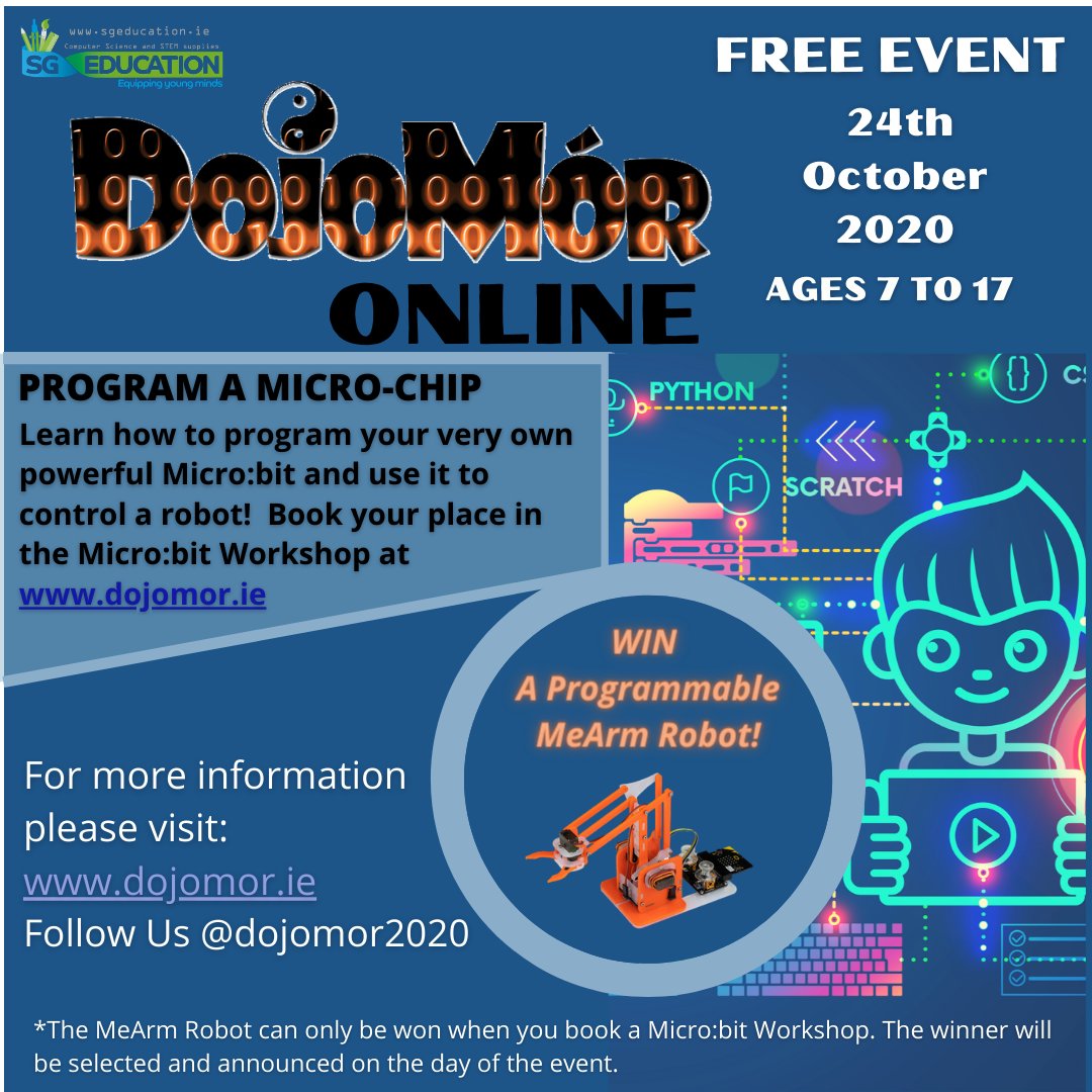 DojoMor2025's tweet image. Be in with a chance to win a programmable robot when you attend a Micro:bit Workshop this Saturday #dojomor2020
Thanks @SGEducation__ for this great prize.