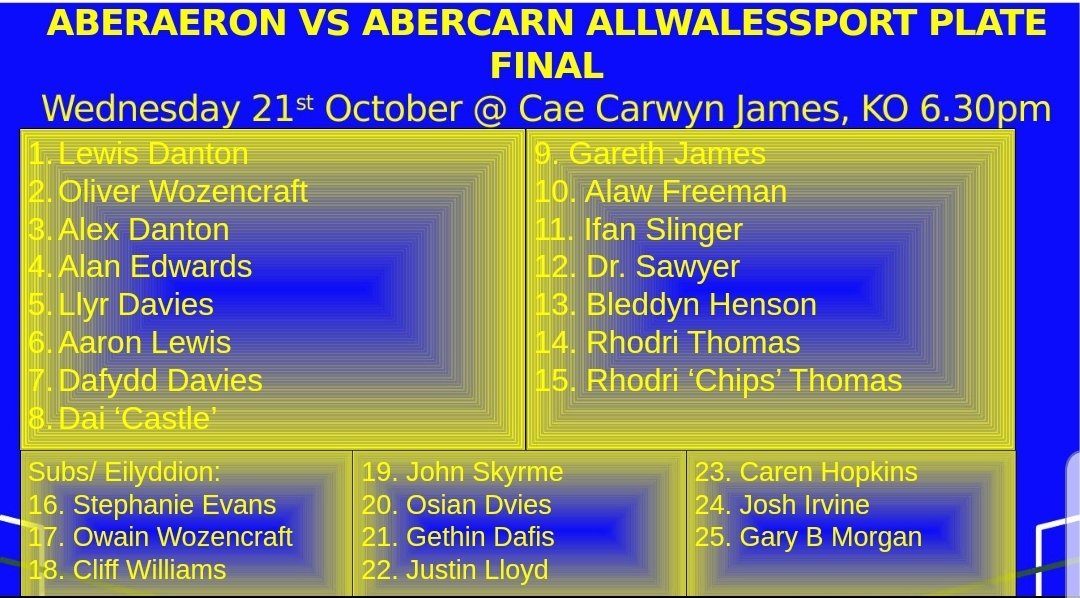 Aberaeronrugby's tweet image. 📆 21/10/20
🏆 @AllWalesSport #OnlineRugbyChampionship Plate Final
🥊 @Aberaeronrugby 🆚️ @Abercarnrugby 
🏟 Cae Carwyn James @CefneithinRFC
⏰ 6.30pm
#uppagulls 
#AWSOnline
#winorloseonthebooze
#winnertakesitall
#eastvswest
#westisbest 
#gowell