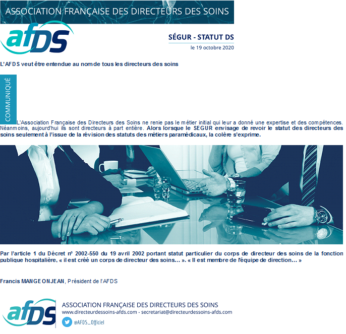 AFDS_Officiel's tweet photo. @AFDS_Officiel veut être entendue au nom de tous les directeurs des soins ! 
Découvrez le communiqué de presse  https://t.co/t5cNzXOnme https://t.co/kqUUtfAnnZ