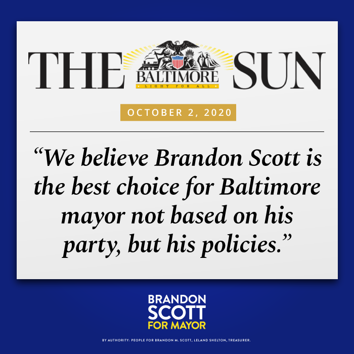 MayorBMScott's tweet photo. The Baltimore Sun endorsed our campaign for Mayor because of my commitment to transforming our outdated city government structure and the inclusive coalition we've built for a new way forward. #BrandonForBaltimore #November3 https://t.co/ofrX50P9Py