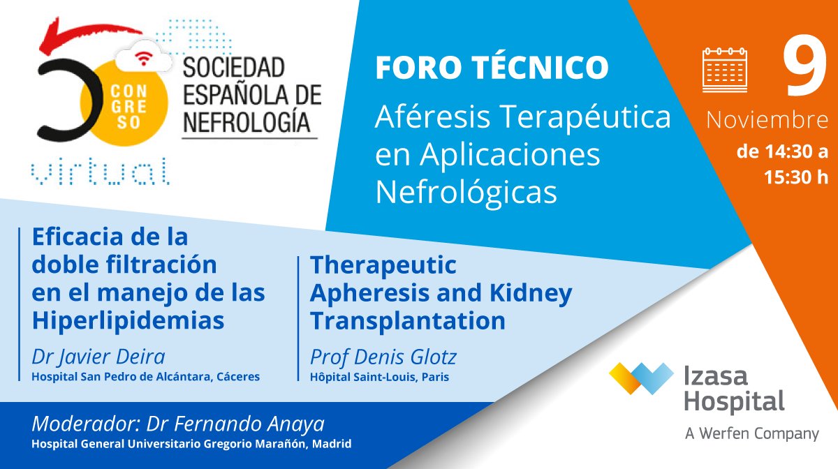 IzasaMedical's tweet photo. #IzasaHospital participa el día 9 de Noviembre en un foro técnico sobre Aféresis Terapéutica en aplicaciones Nefrológicas en el congreso virtual de la Sociedad Española de Nefrología (SEN). #AféresisTerapéutica #Doblefiltración #hiperlipidemia #colesterol #trasplanterenal https://t.co/23zu2iDK2U