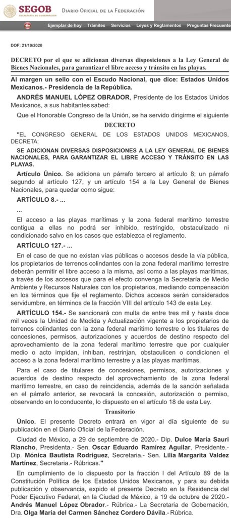 Hoy es un día histórico para los mexicanos.
El Presidente López Obrador publica decreto en el DOF que garantiza el libre acceso y tránsito de todo el país incluyendo a quien lo prohiba una multa de hasta un millón de pesos.
Las playas de 🇲🇽 son de los mexicanos.
Buenos días ☀️