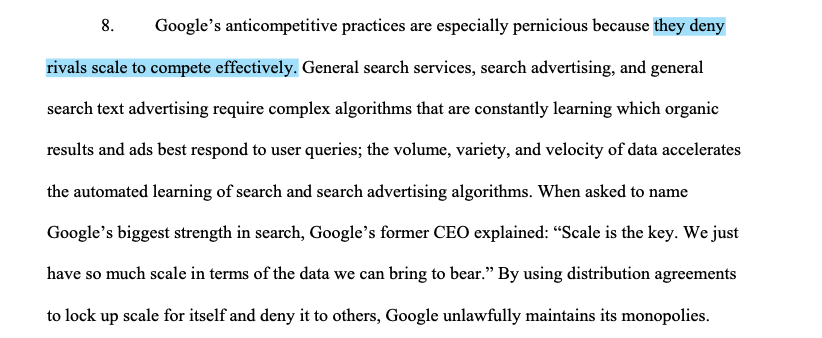 The DoJ alleges that scale and high costs of maintaining a search engine mean that Google has an advantage over competitors – Google's search index is 100,000,000 GB. But that's not an argument that Google is acting anticompetitively – these are costs everyone, inc Google, faces.