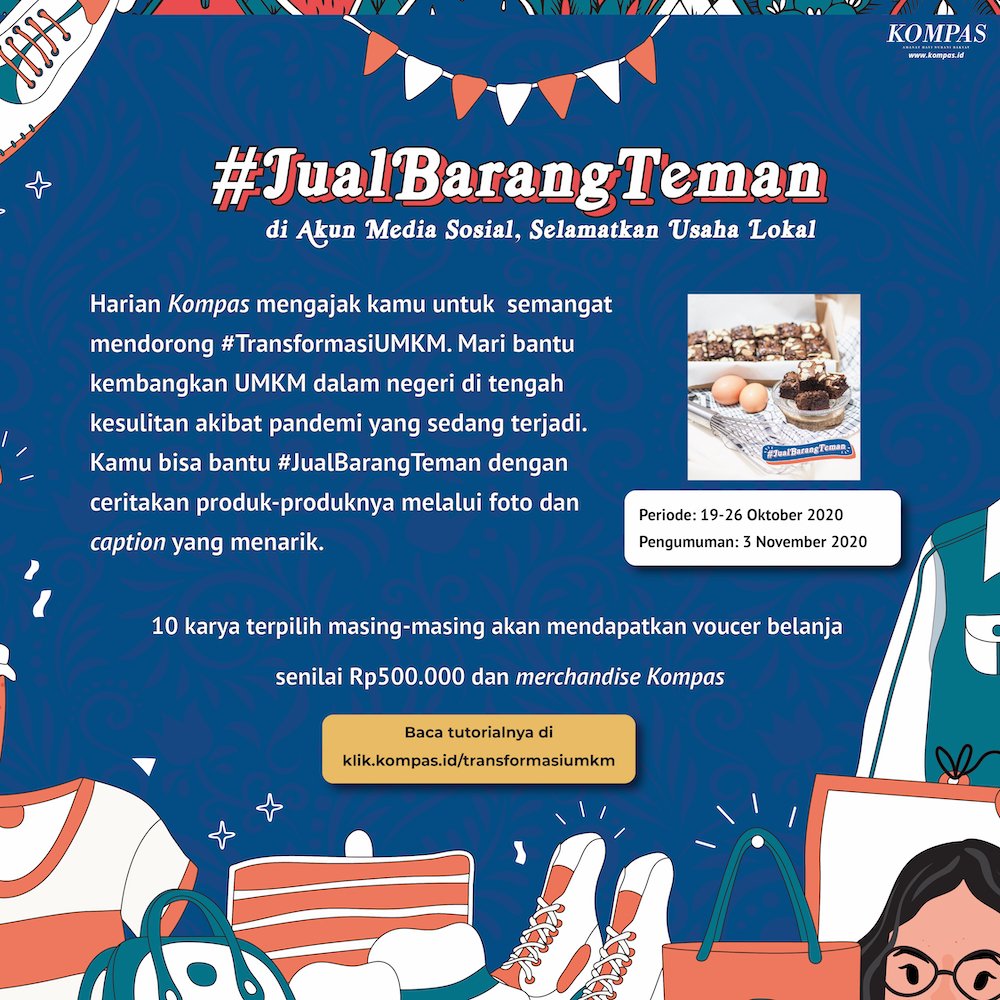 tribunnews's tweet photo. Kondisi pandemi Covid-19 tentu berdampak salah satunya ekonomi Indonesia. Kamu bisa bantu #JualBarangTeman dengan ceritakan produknya melalui foto &amp; caption yang menarik. Untuk 10 karya terpilih, akan mendapatkan voucer belanja senilai Rp500.000 &amp; merchandise. #TransformasiUMKM https://t.co/Vnf5MSKMJy