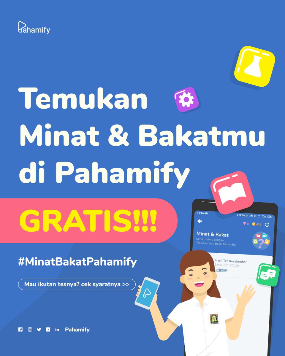 pahamify's tweet image. Bingung nentuin mau kuliah jurusan apa? Nggak tahu minat dan bakat kamu? Say no more karena ada 😆👇🏻

✨ TES MINAT &amp;amp; BAKAT GRATIS PAHAMIFY! ✨

SPESIAL buat kamu, Pahamifren! Iya, GRATISS banget 🤩 Mau ikutan? Yuk merapat, mipi jelasin di thread ini!