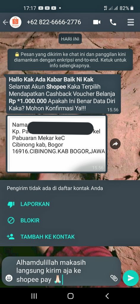 AlamIskaida's tweet photo. @ShopeeID Tolong respon min, siapa bae kek, ini beneran ga? Masa kalo penipuan sudah merambah ke WA jg sm tau nama alamat lengkap pula. @ShopeeID https://t.co/Sxv6x5sivP