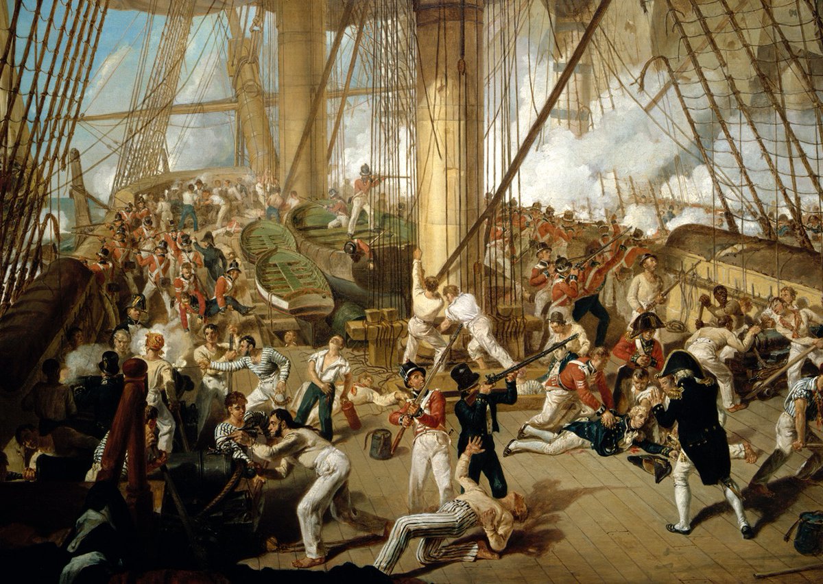  #TrafalgarDay Nelson is hit! Shot from ‘Redoutable’ hits Nelson’s left shoulder, pierces his lung and lodges in his spine