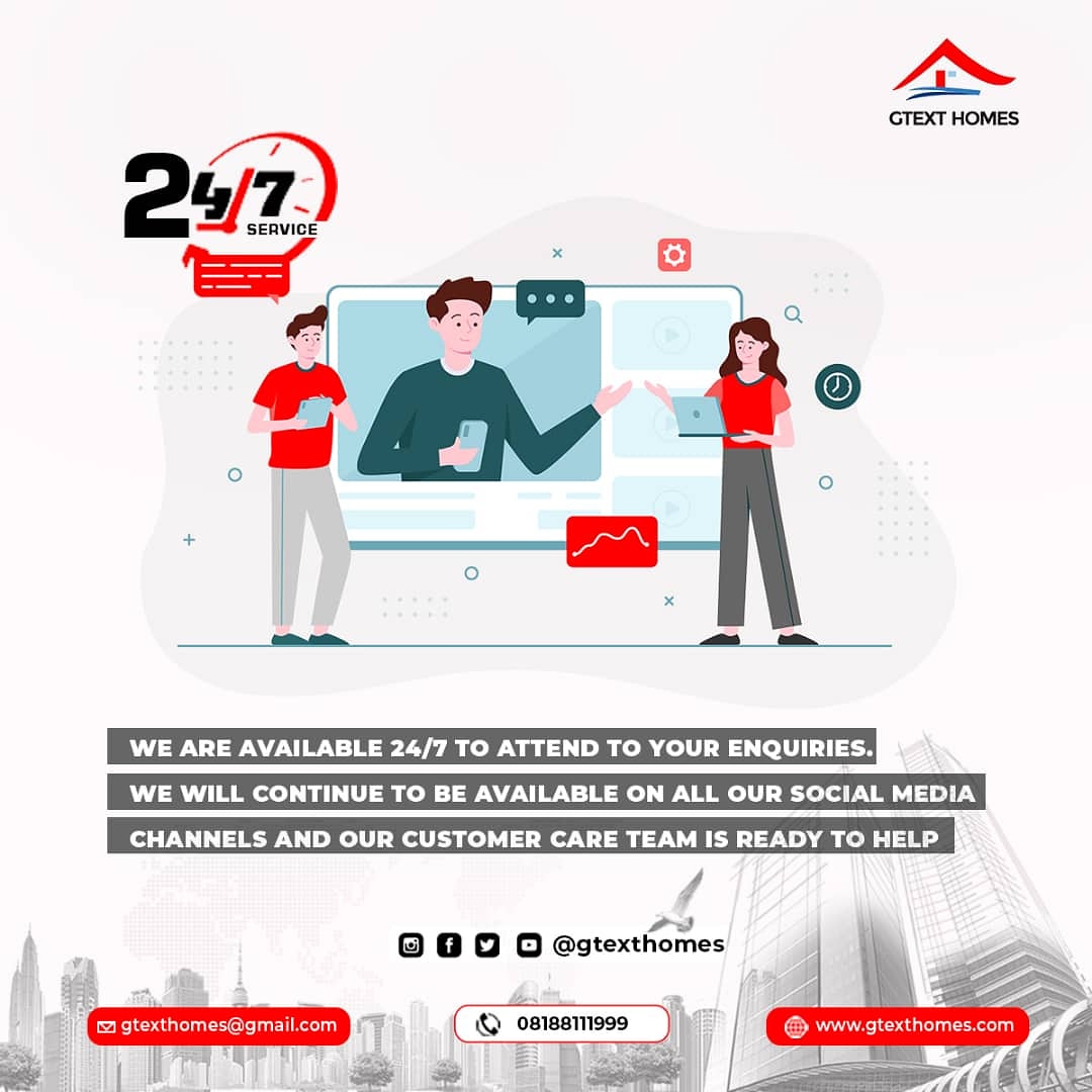 Our efficient team members are on ground to attend to your daily concerns and needs. You can make your enquiries via any of our communication platform.

Remember "Na who dey alive, dey buy land"

Stay safe!
#gtexthomes #endpolicebrutality #endsars #realestate #lands #housing