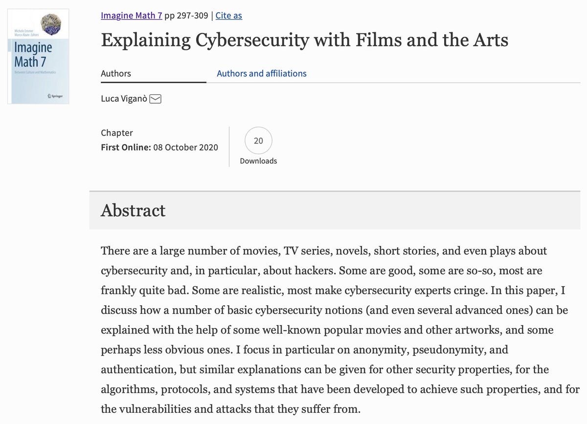This is finally out! It is one of the papers that I am most proud of: “Explaining Cybersecurity with Films and the Arts” in Imagine Math 7.