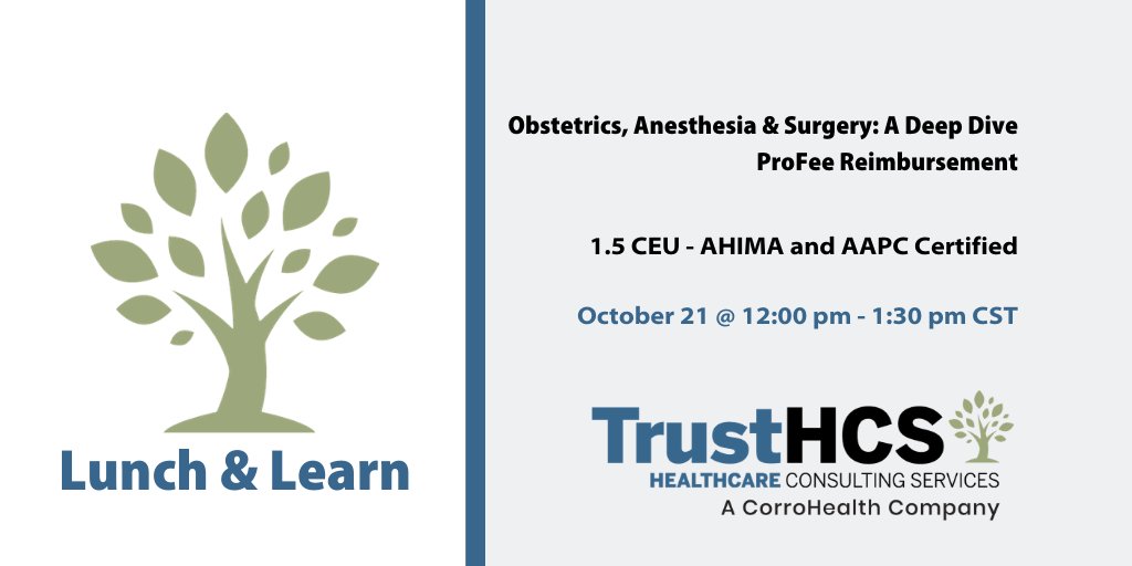 TrustHCS's tweet photo. There is still time to register!
TODAY: October 21 @ 12:00 pm - 1:30 pm CST

Obstetrics, Anesthesia &amp; Surgery: A Deep Dive ProFee Reimbursement

1.5 #AHIMA and #AAPC Certified #CEUs

https://t.co/fpLBBFirKA https://t.co/LaMWVh8SNu