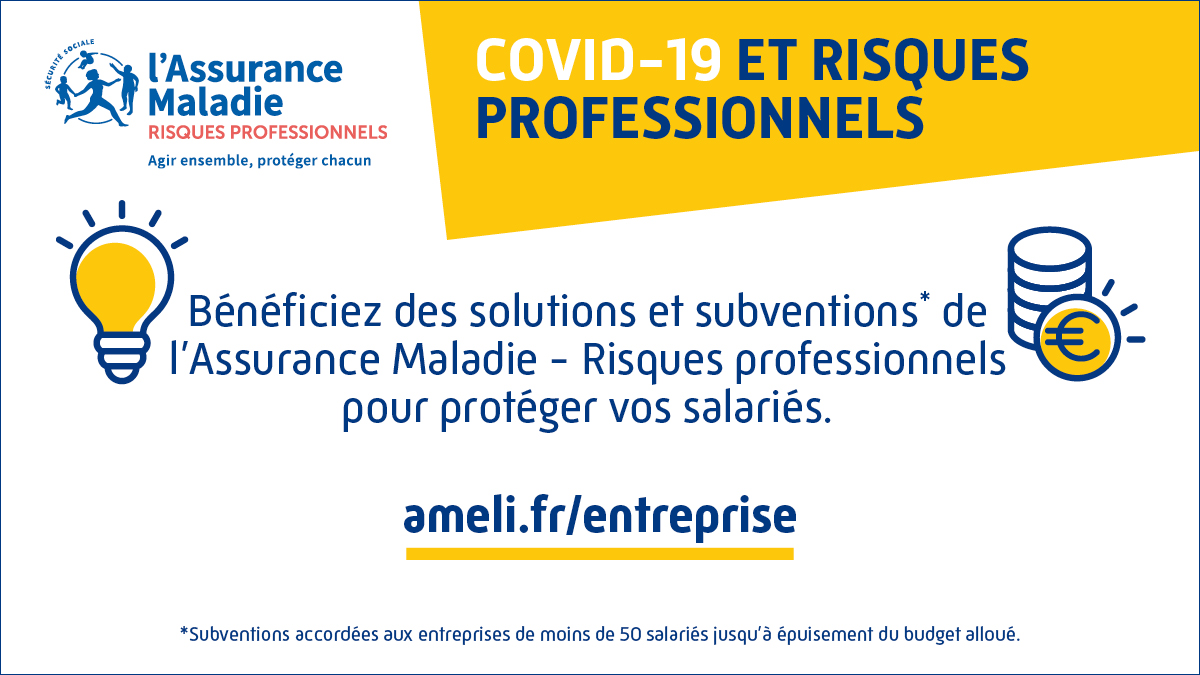 Pour faire face au rebond du #COVID19 et continuer d’aider les #TPE/#PME à prévenir la transmission du virus au travail, l'Assurance maladie risques professionnels prolonge la #subvention "Prévention COVID".
+d'infos : bit.ly/31sZt0h