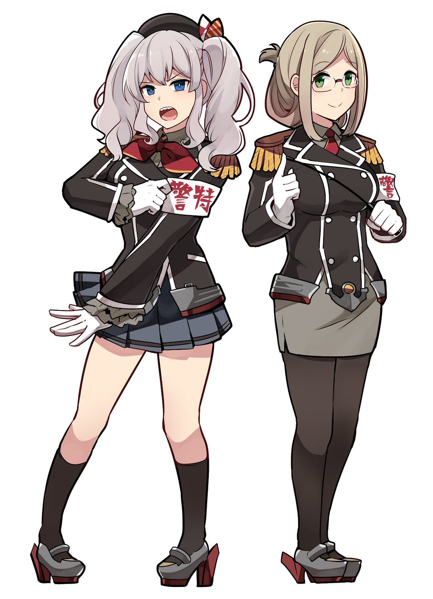 kashima (kancolle) ,katori (kancolle) multiple girls 2girls epaulettes skirt red neckerchief grey hair white gloves  illustration images