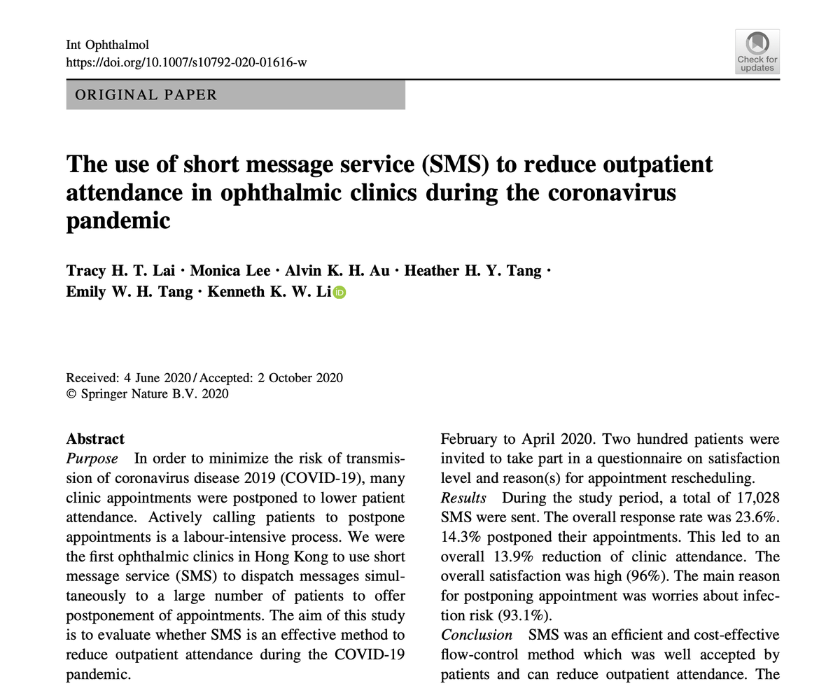 KennethLi56's tweet photo. Thank you International Ophthalmology for publishing our paper on the use of #SMS to reduce #ophthalmology outpatient clinic attendance during #COVID19 pandemic
https://t.co/yjHlz7Q0a5 
@EdmundTsuiMD @DrOliviaLi @diepbiomed https://t.co/ikyEDm8QPv