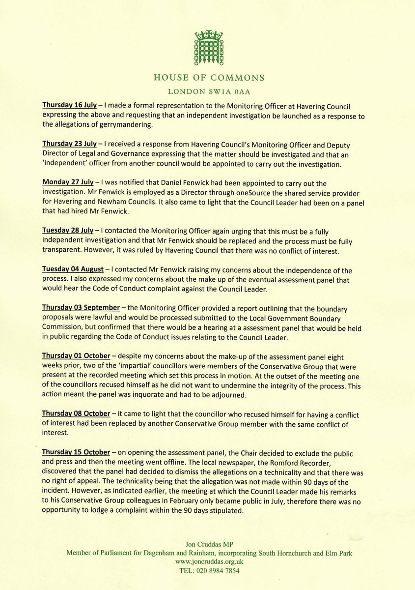 JonCruddas_1's tweet photo. After the farce last week that saw #Havering Tories sweep gerrymandering allegations against their Leader under the carpet, I have today written to @LGOmbudsman asking for a truly independent and transparent investigation of events. https://t.co/lEAtZShPKr