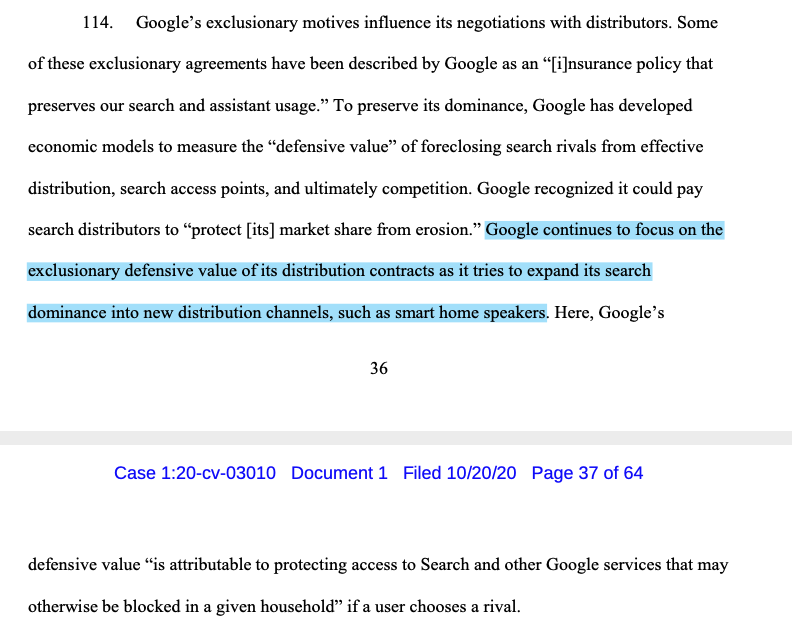 The DoJ seems to consider it to be sinister for Google to develop products that use Google Search – in the case of voice assistants, for example. Normally a company developing a new product to avoid competitors capturing its customers would be called "competition".