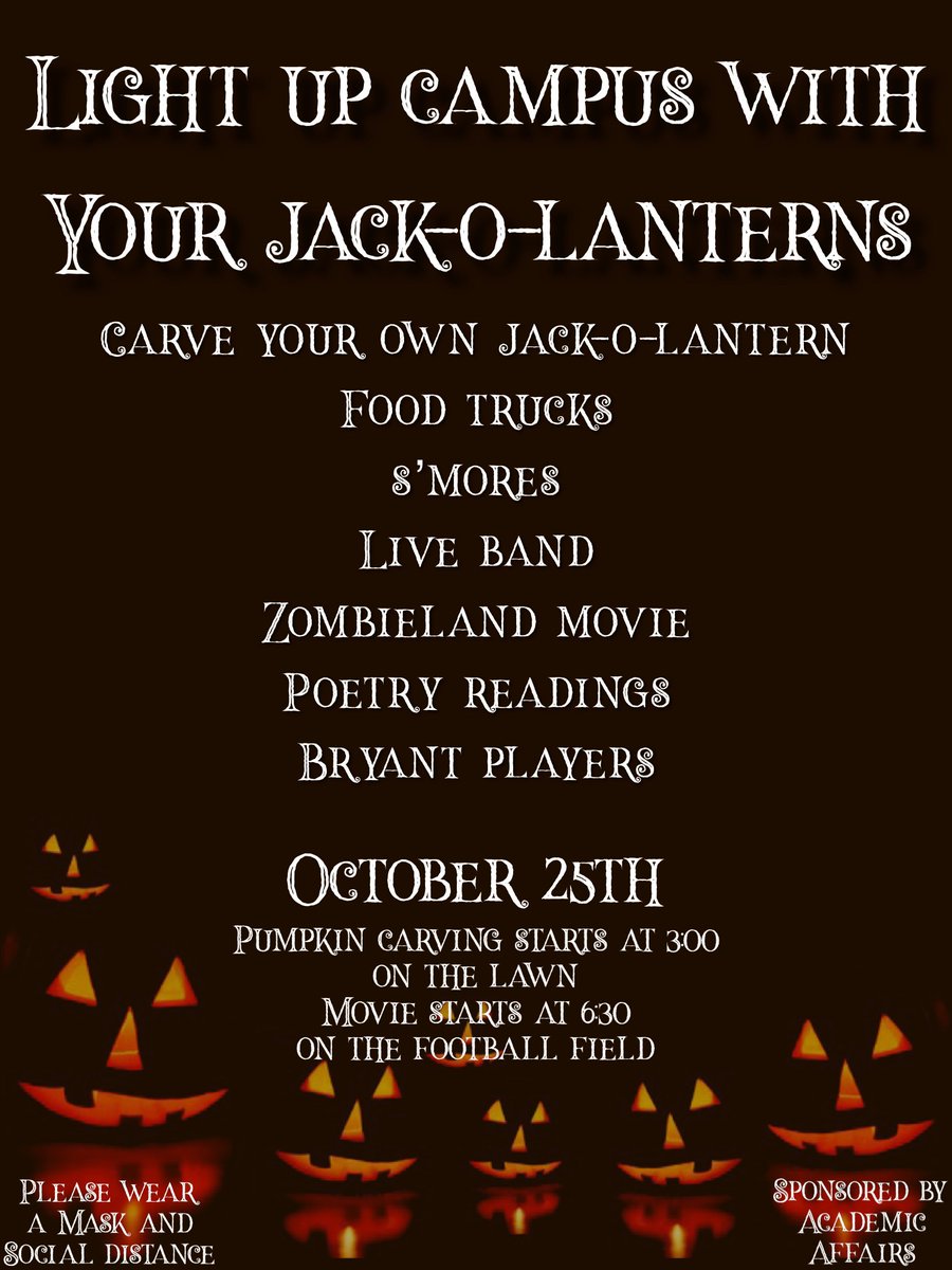 This Sunday, Academic Affairs is hosting a Halloween Pumpkin Party all over campus with food, music, pumpkin carving, and a movie on the football field!