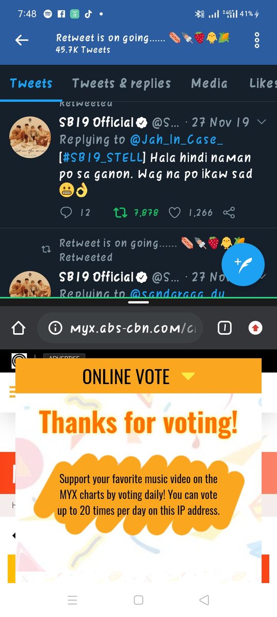 ChristyCompete1's tweet photo. SKL, pwede pala maka 35 votes kay my/x. Kasi kanina gamit ko desktop naka 17 votes ako, tapos ngayon gamit ko phone ko naka 18 votes ako.PD pala!
Habang nagri-RT pa yan. Multitasking Langs!

#SocialChart50

REQUEST @SB19Official @MTV #FridayLivestream 

AlwaysOurD1 JoshCullen https://t.co/f9W6JdXpq5