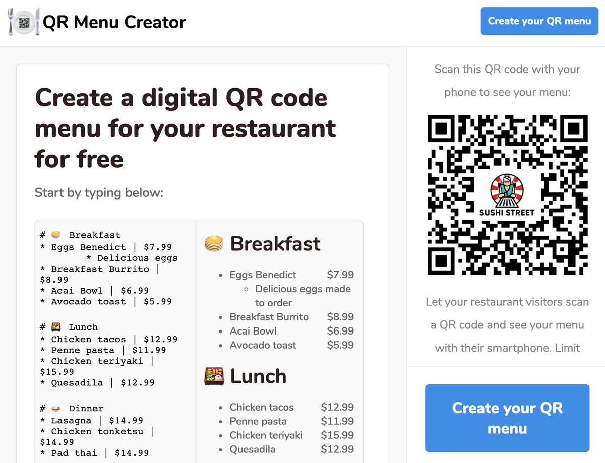 Then I wanted to add the QR code for the actual menu so people could immediately scan it while working on their menu and it'd live previewSuper easy with:  https://davidshimjs.github.io/qrcodejs/ And I learnt you can just put a giant image in a QR code and it'll still work, so I put resto logo