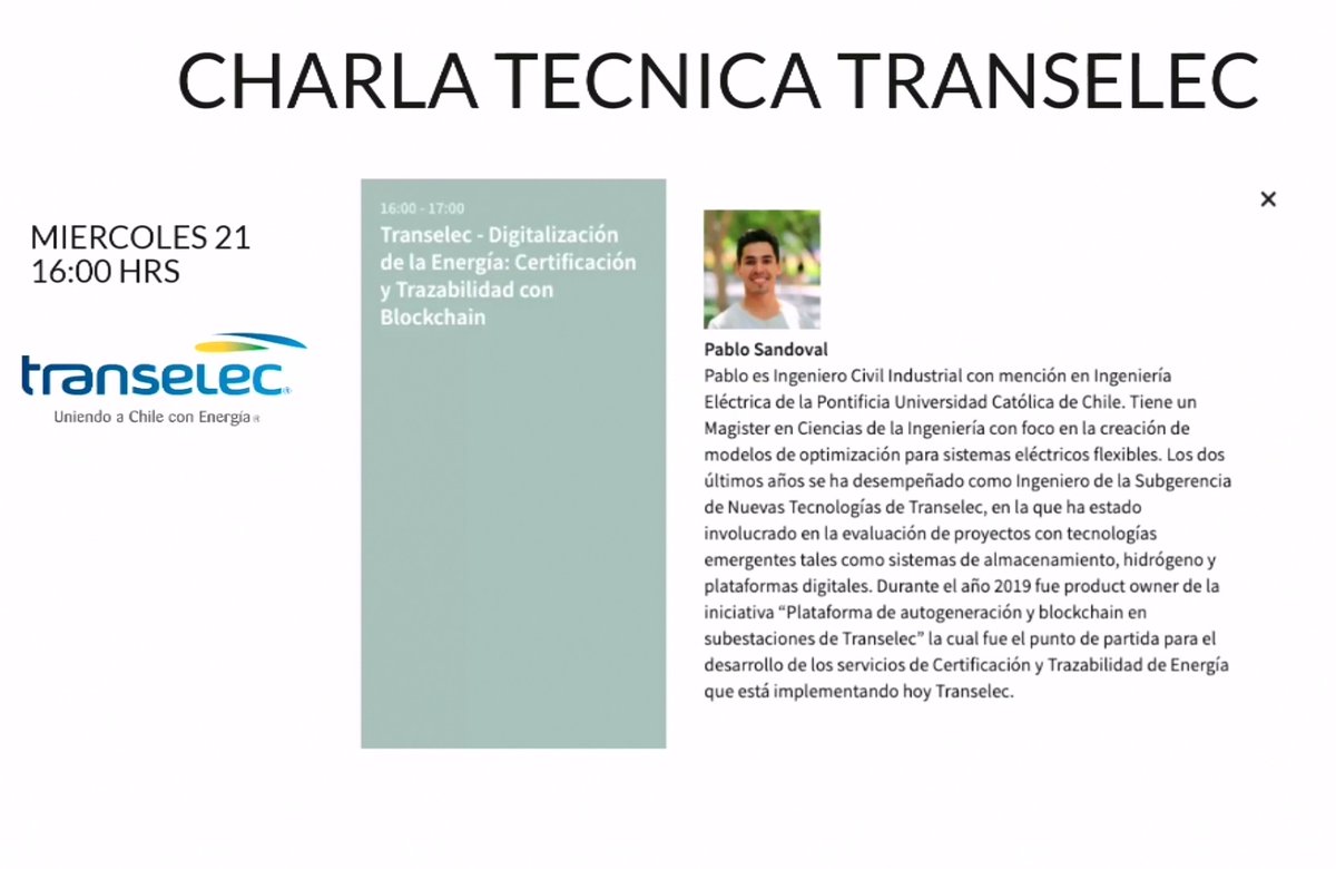 Biobio_Energia's tweet photo. No te lo pierdas ‼️
Charla Técnica de TRANSELEC
DIGITALIZACIÓN DE LA ENERGÍA: CERTIFICACIÓN Y TRAZABILIDAD CON BLOCKCHAIN
🗓️ Miércoles 21 de octubre
⌚ 16.00
Link acceso:
👉 https://t.co/llLjpxlbxb
Gratuito!!
#biobioenergia #cibbe #cibbe2020 https://t.co/1gJzygNY9B