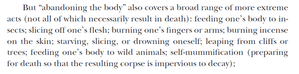 in the latter it became known under the terms of “losing the body” “forgetting the body” or “abandoning the body” and began to include gradual self-immolation of specific body parts as well. and within these it is a ritual performance.