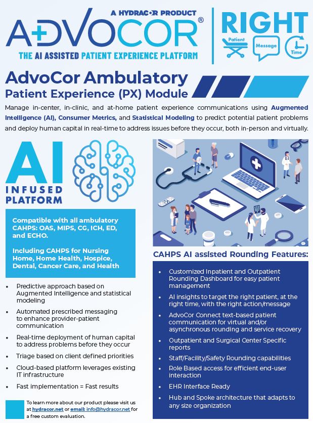 HydraCor's tweet photo. AdvoCor allows your organization to take patient experience beyond the four walls of the hospital. With our Ambulatory package, we apply AI insights and predictive analytics to any CAHPS based scoring to achieve higher levels of satisfaction. Ask for a Demo today! https://t.co/9QGIqP4hcF