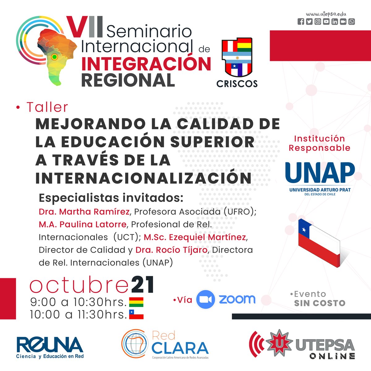 unapcl's tweet photo. 🔴 A sólo minutos de comenzar nuestro Facebook Live del Taller: "Mejorando la Calidad de la Educación Superior a través de la Internacionalización".
La actividad se enmarca en VII Seminario Internacional de Integración Regional Criscos
10hrs, Facebook @unap.cl
#CRISCOS #UNAP https://t.co/jXzLHDO3mP