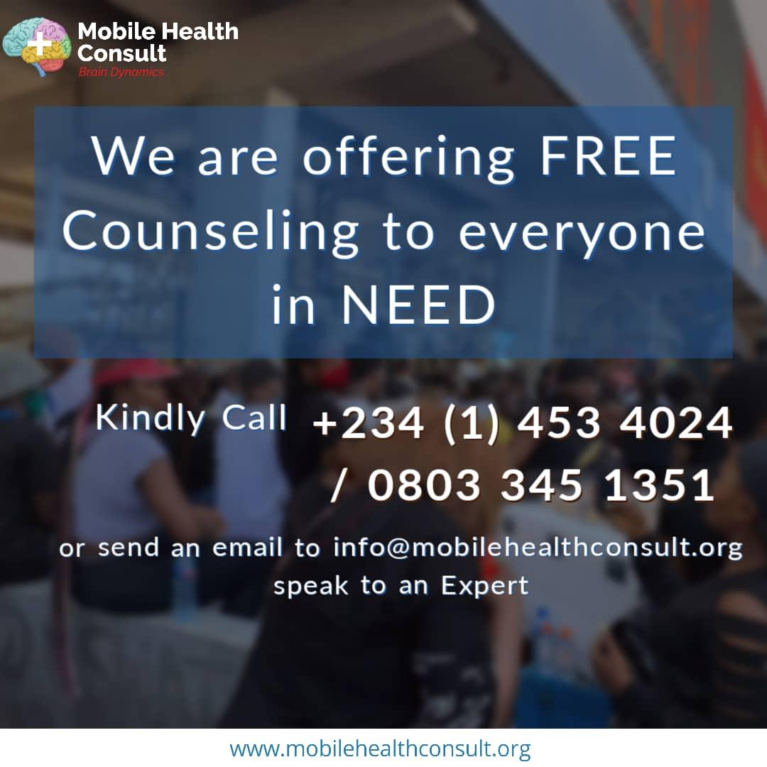 MobileHealthng's tweet photo. Please retweet for awareness .

We are offering FREE Counseling to everyone in NEED 

Kindly Call  +234 (1) 453 4024 / 0803 345 1351 or send an email to info@mobilehealthconsult.org speak to an Expert 

#lagosstatemassacre
#lekkigenocide
#lekkimassacre
#LagosMassacre https://t.co/DL94ADGudM